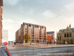 Artist impression of Govan Cross, Glasgow. Residential housing next to Govan Old Parish Church.