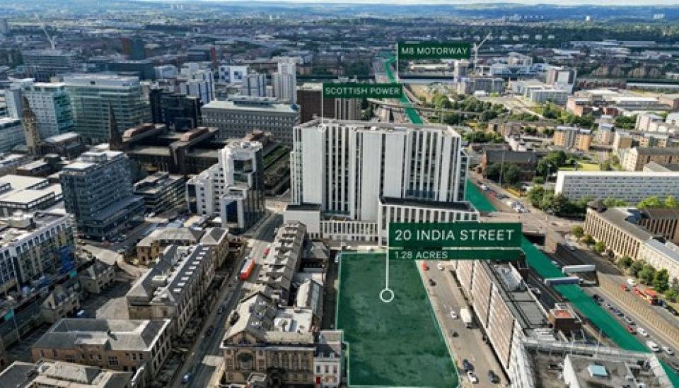 Aerial view of site at 20 India Street, Glasgow, G2 4PF